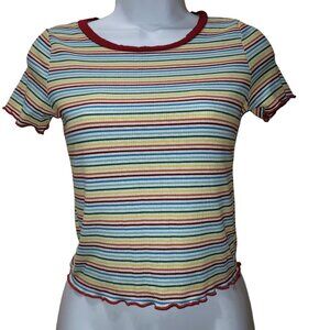Love Wins Women's Size XS Retro 90s Rainbow Stripe Crop Tee Ribbed Short Sleeve